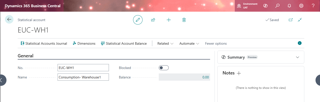 Statistical Account card in Dynamics 365 Business Central showing account number and name for tracking non-financial data like warehouse electricity consumption